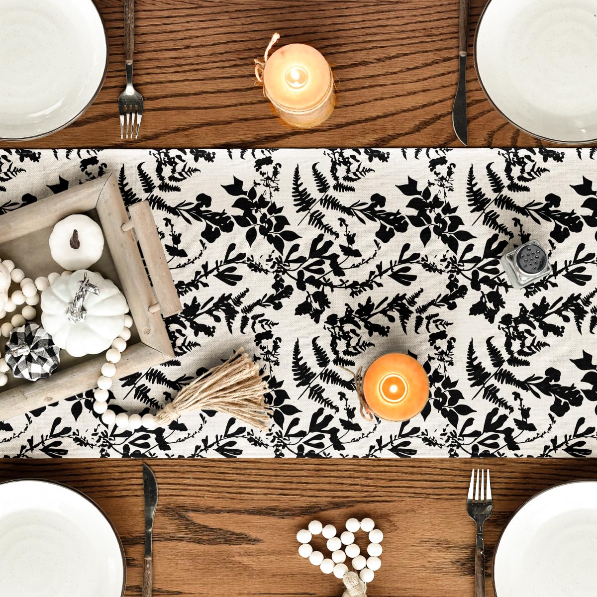 Camino de mesa de otoño Artoid Mode con diseño de calabazas, hojas y flores sobre fondo oscuro, negro, 13x36 pulgadas