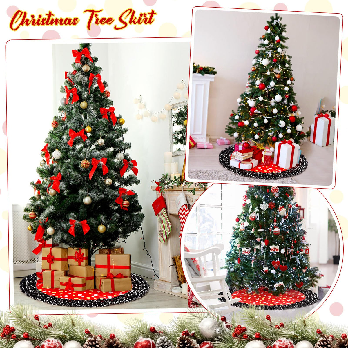 Falda para árbol de Navidad Soulchen de doble capa, color rojo, negro y amarillo con diseño de lunares grandes, 51"