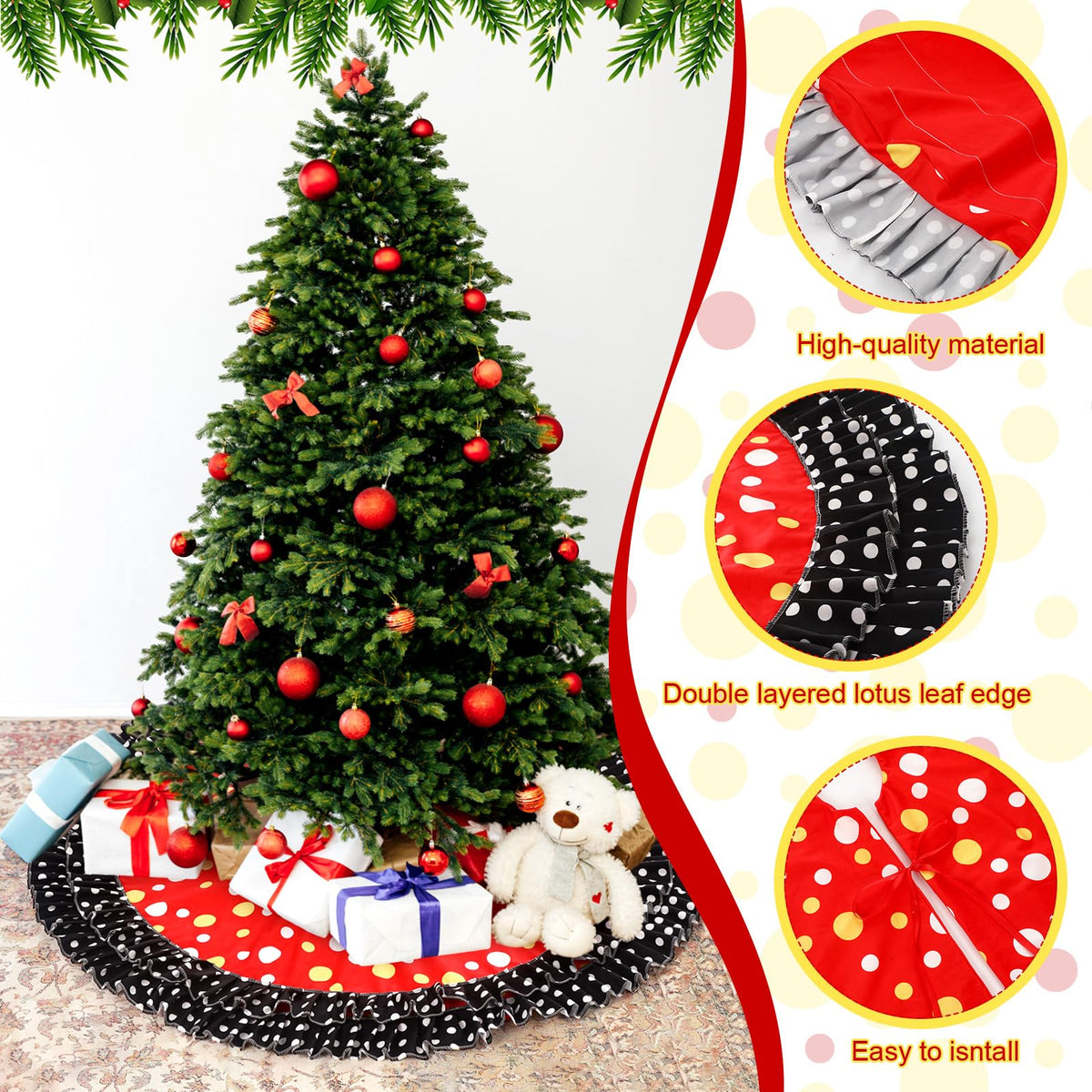 Falda para árbol de Navidad Soulchen de doble capa, color rojo, negro y amarillo con diseño de lunares grandes, 51"