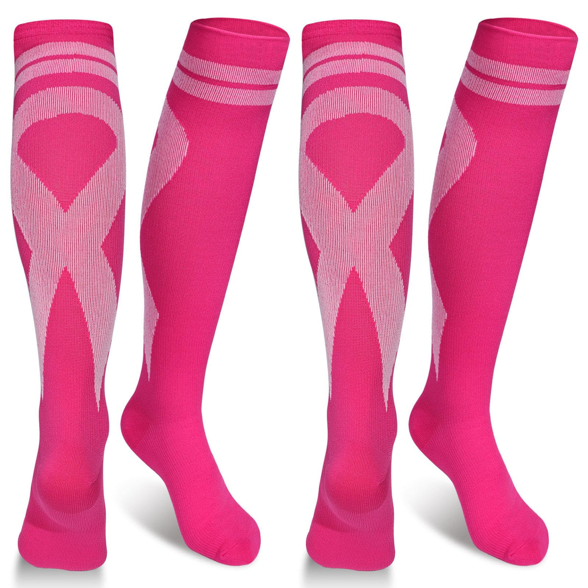 Subesty 2 Pairs Breast Cancer Awareness Compression Socks Pink Ribbon Size S/M