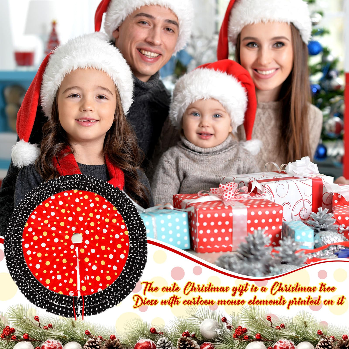 Falda para árbol de Navidad Soulchen de doble capa, color rojo, negro y amarillo con diseño de lunares grandes, 51"