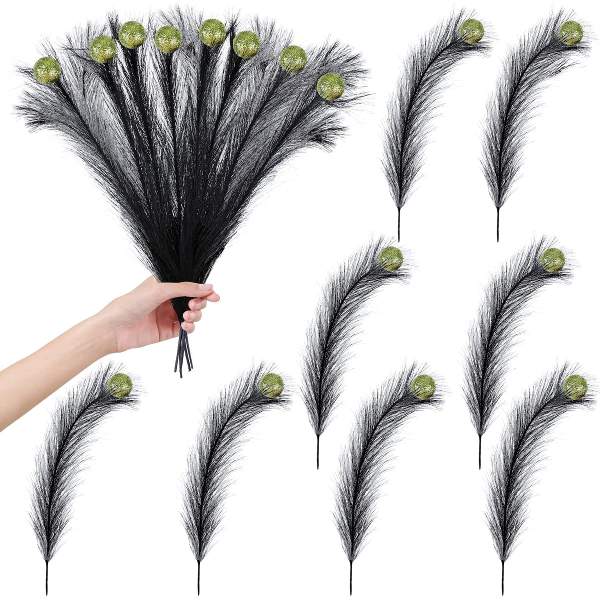EYNDYN 15 piezas, adorno para árbol de Navidad de plumas negras de 17'', color verde