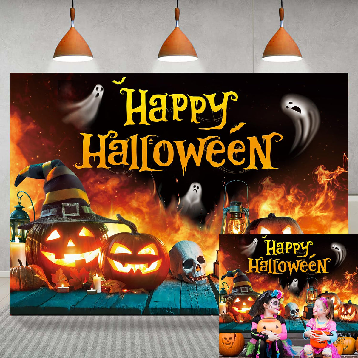 Telón de fondo de Halloween con fantasma, calabaza, llama y casa encantada, pancarta para fiesta de 6x4 pies