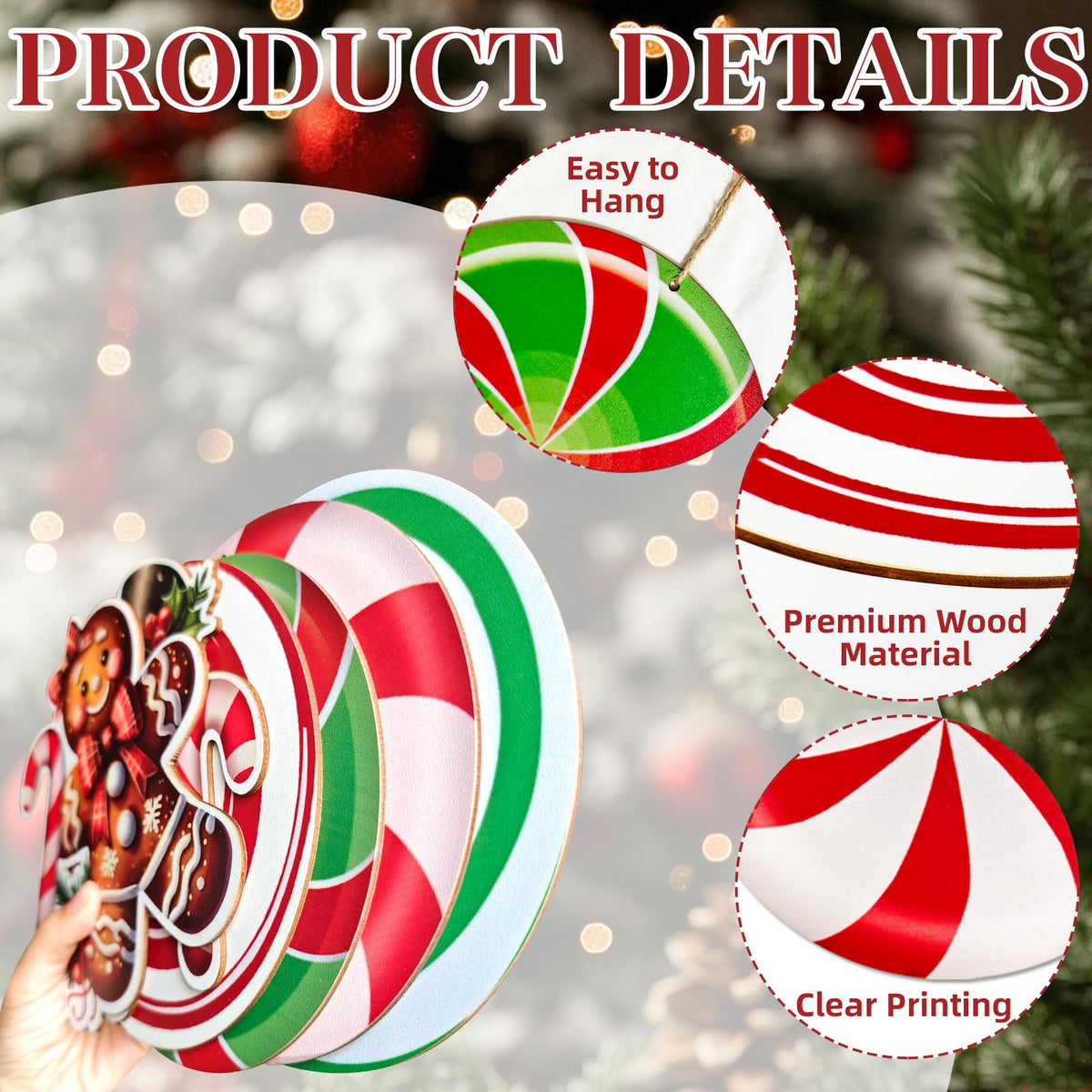 Adornos navideños de madera genéricos con forma de jengibre, grandes, de color rojo y blanco, estilo menta