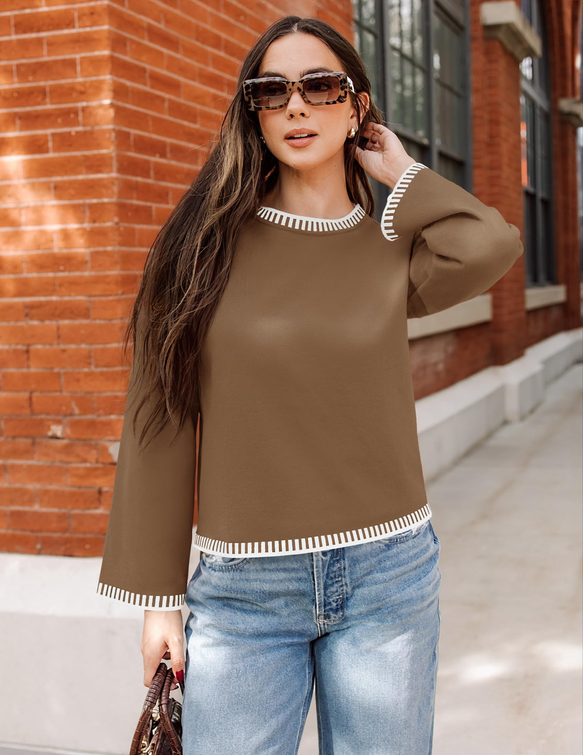 Suéter de punto acanalado de corte amplio ZESICA para mujer, cuello redondo, color marrón, talla S