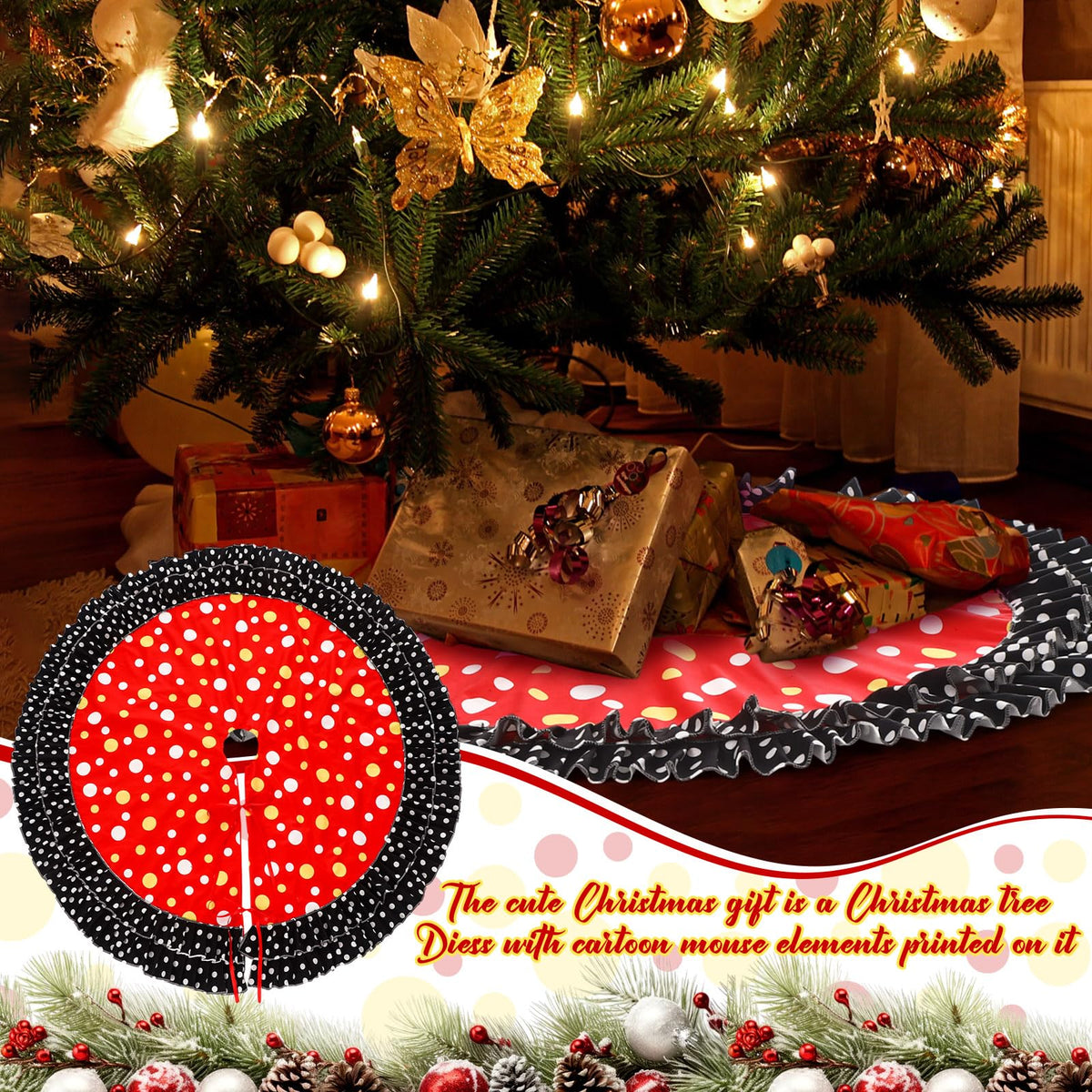 Falda para árbol de Navidad Soulchen de doble capa, color rojo, negro y amarillo con diseño de lunares grandes, 51"