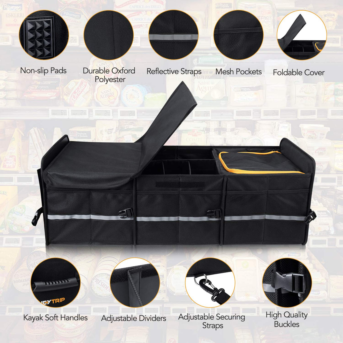 Large Trunk Organizer with Leakproof Cooler Bag and Tie-Down Straps
