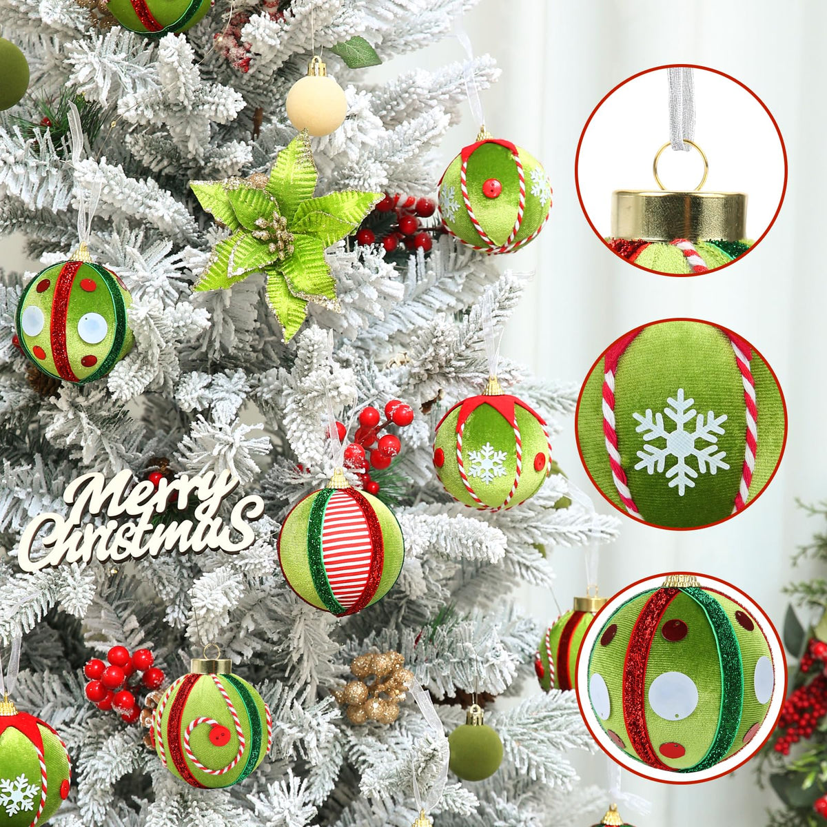 Juego de 12 adornos navideños de terciopelo SUPREME, 80 mm, verde, rojo y blanco