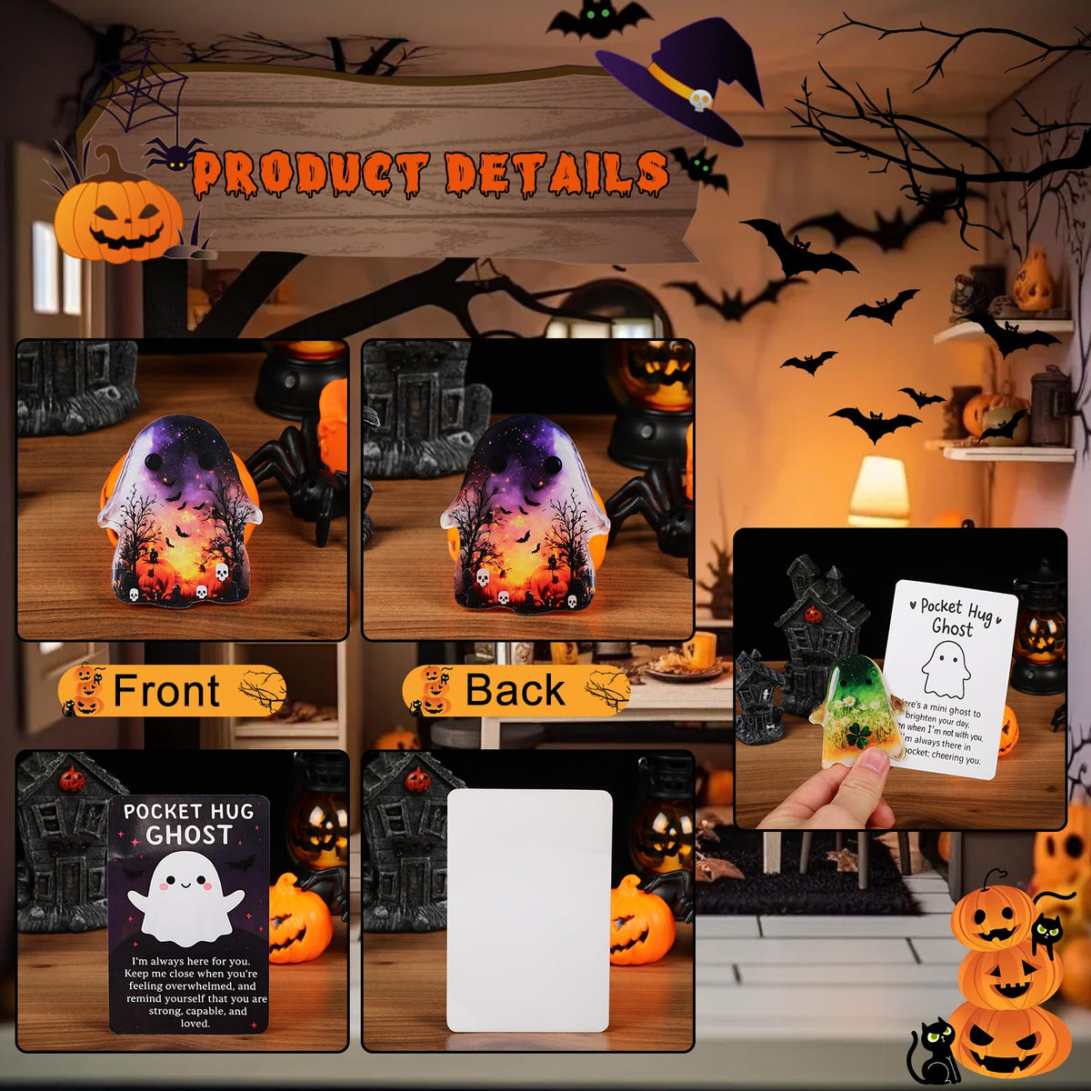 Tarjeta de bolsillo fantasma genérica, tarjeta inspiradora negra de consuelo para Halloween A