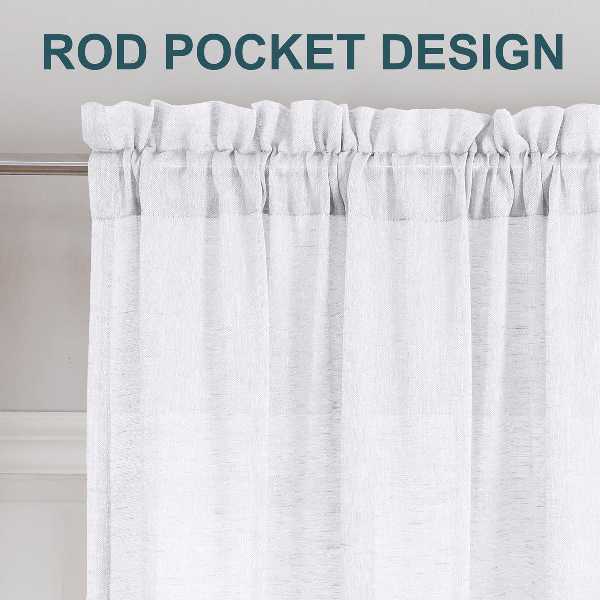 Turquoize Linen Sheer Rod Pocket Curtains 52x63in Set of 2 Pure White