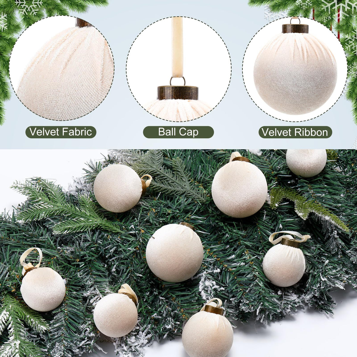 HyDren 24 piezas de esferas navideñas de terciopelo beige inastillables de 3.15, 2.76 y 2.36 pulgadas