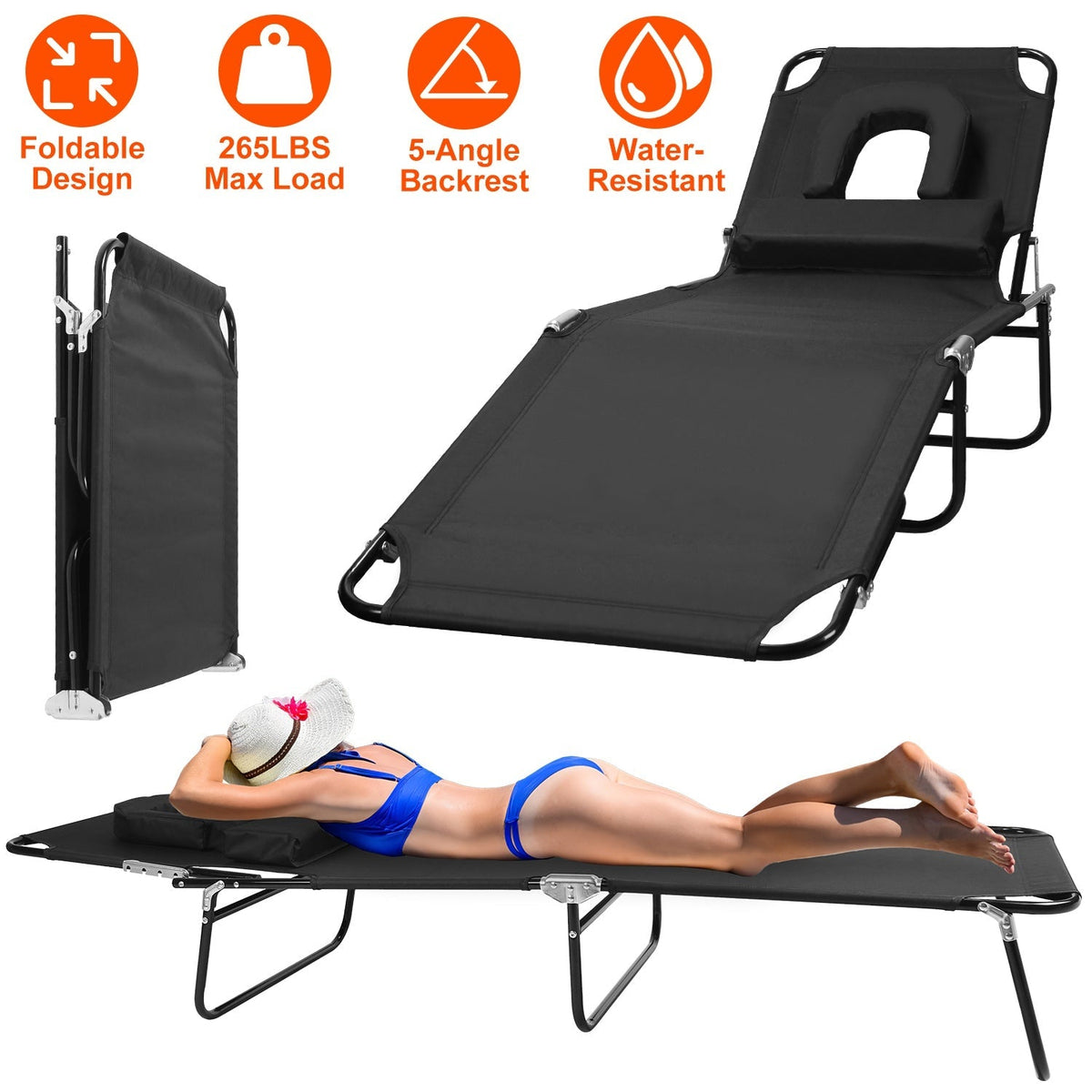 Folding Beach Lounge Chair Face DownÊTanning Chaise Sunbathing Recliner 265LBS Max Load with 5-Angle Backrest 3 Removable Pillows for Beach Pool Lawn
