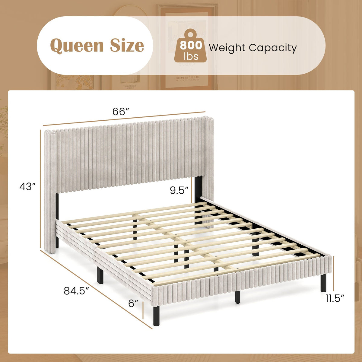 Queen Size Velvet Bed Frame with Vertical Channel Tufted Wingback Headboard-White