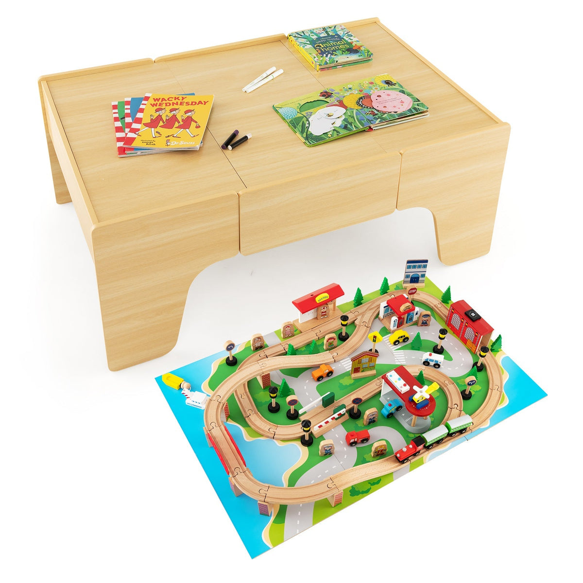 84-Piece Train and Building Block Table with Reversible Top and Creative Play Surface