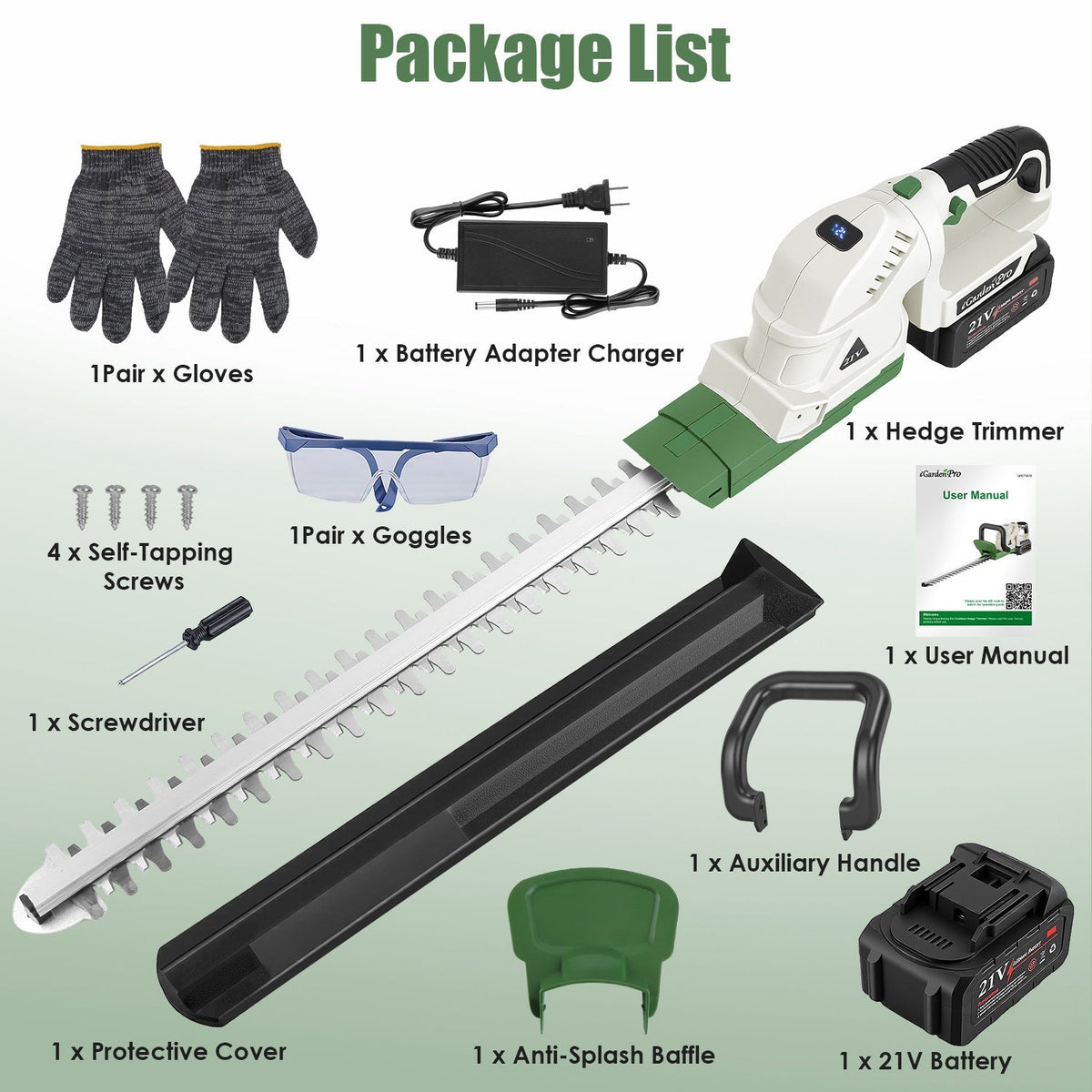 20" Cordless Hedge Trimmer 21V Electric Bush Trimmer with Dual Blades