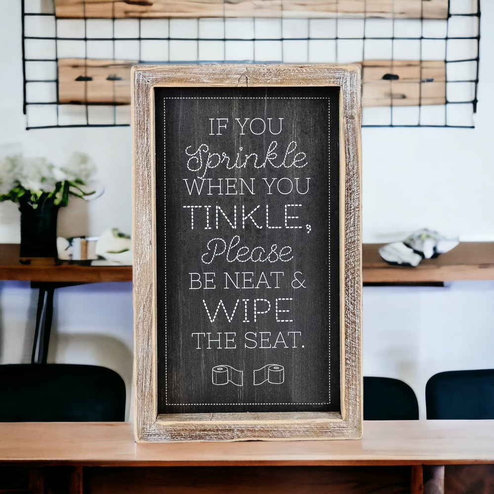 Funny Double Sided Wooden Bathroom Sign Aim Sprinkle Tinkle Freestanding Frame Wall Decor