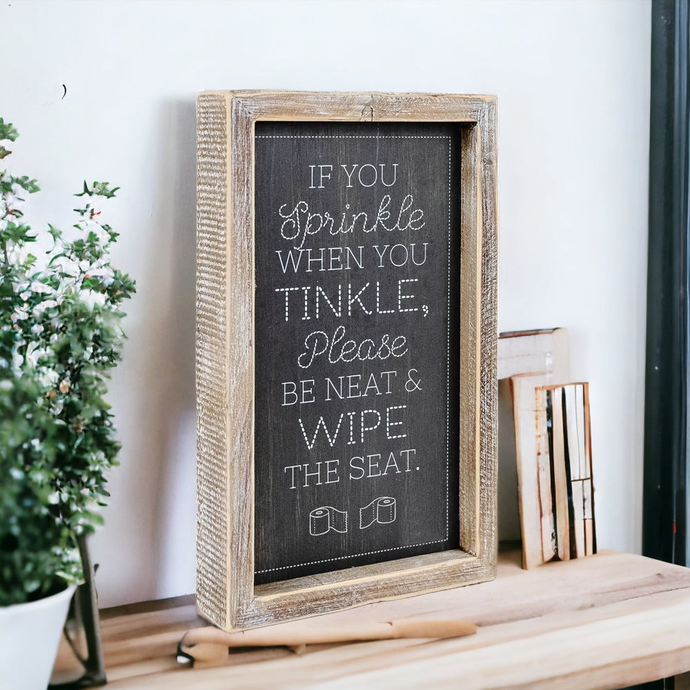 Funny Double Sided Wooden Bathroom Sign Aim Sprinkle Tinkle Freestanding Frame Wall Decor