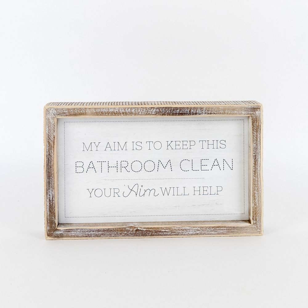 Funny Double Sided Wooden Bathroom Sign Aim Sprinkle Tinkle Freestanding Frame Wall Decor
