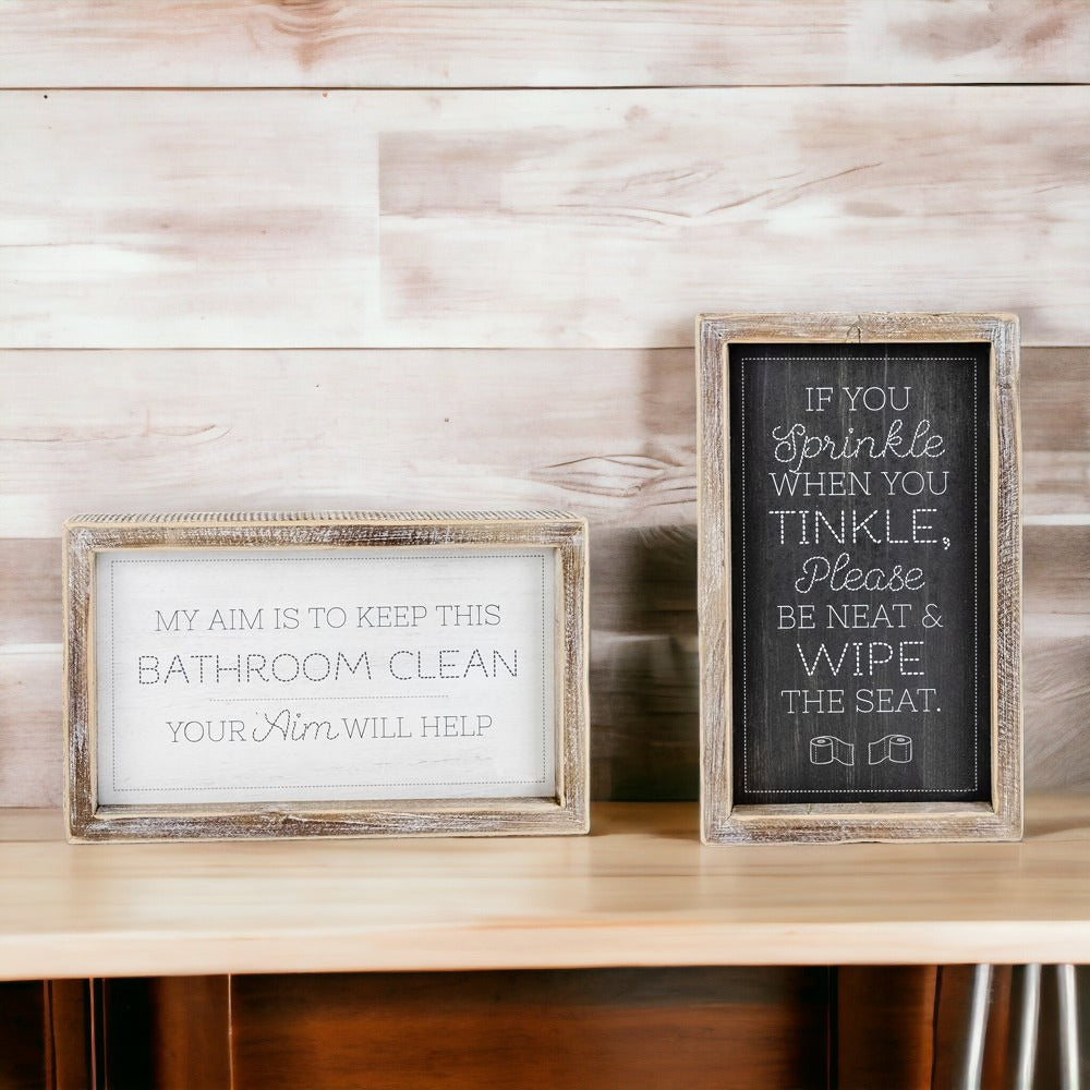 Funny Double Sided Wooden Bathroom Sign Aim Sprinkle Tinkle Freestanding Frame Wall Decor