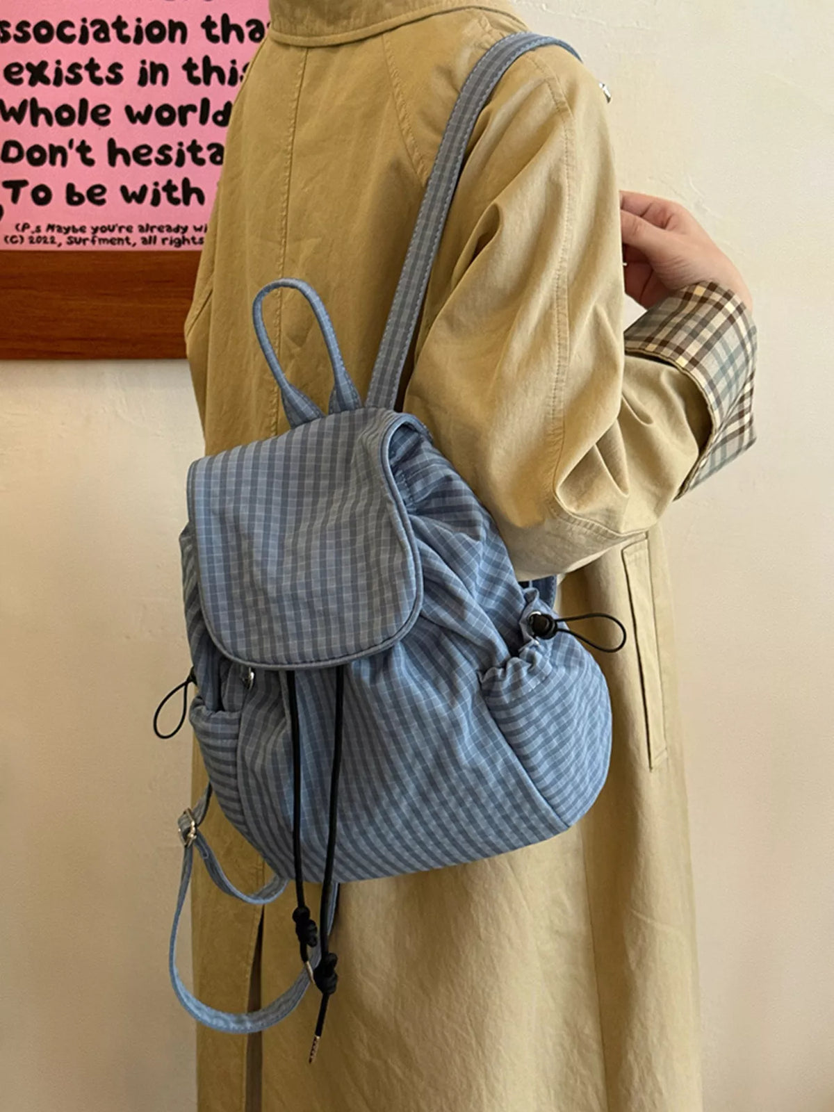 Plaid Drawstring Closure Backpack Bag