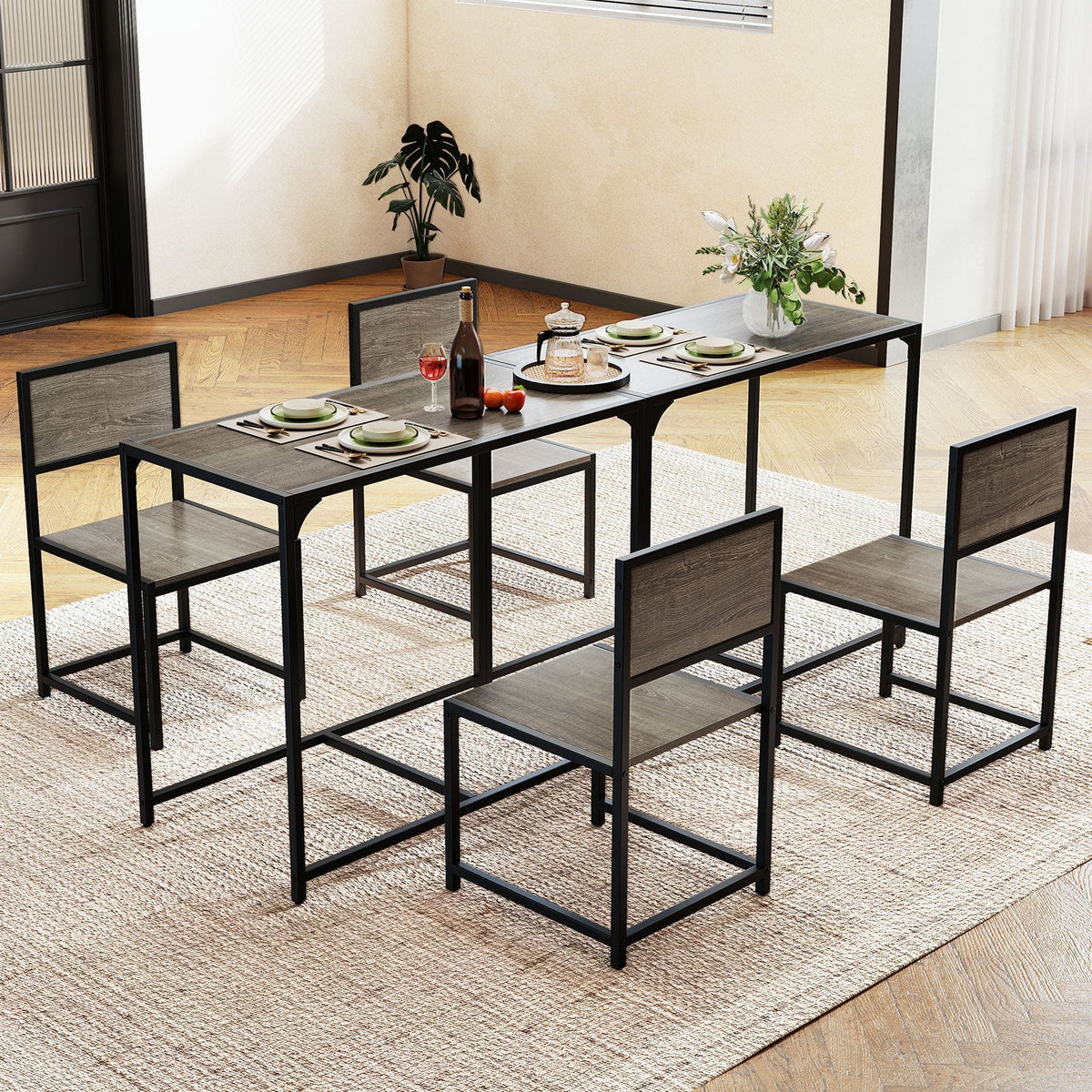 3 Pcs Dining Set Compact Table and 2 Chair with Metal Frame for for Small Space