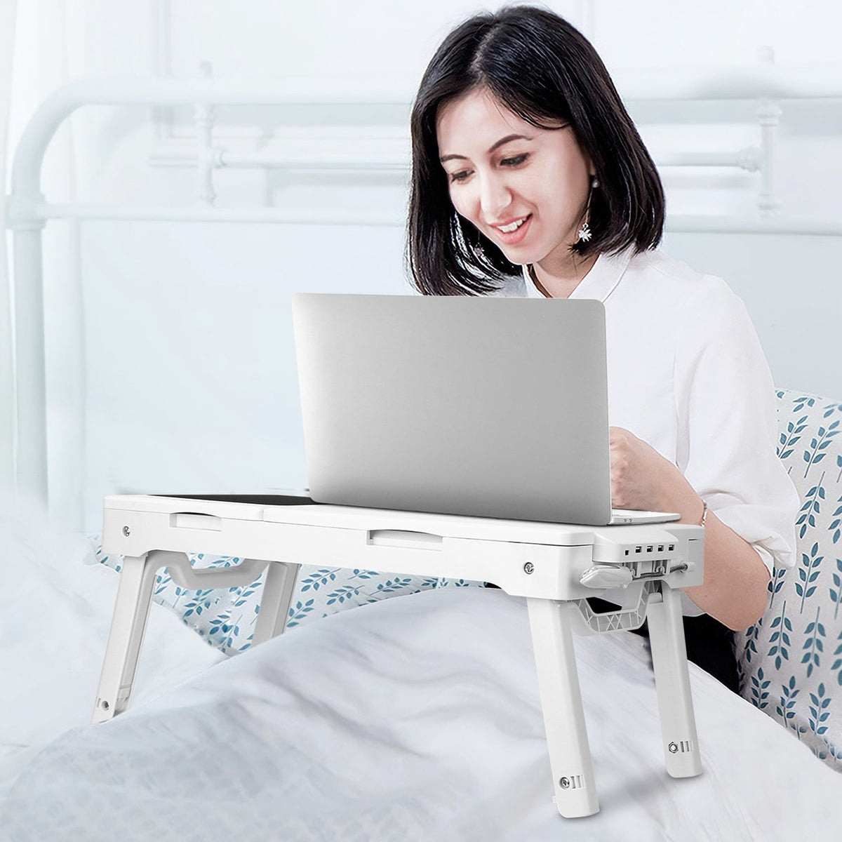 Foldable Laptop Table Bed Notebook Desk w/Cooling Fan Mouse Board LED light 4 x USB Ports Breakfast Snacking Tray with Storage Groove For Home Office