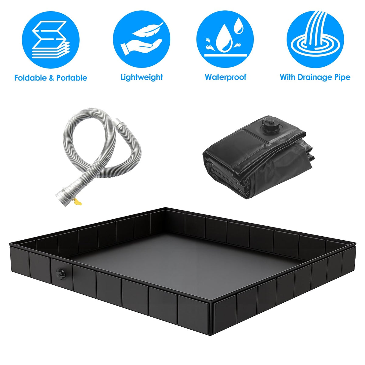 41x41x5.5in Portable Shower Pan Foldable Shower Basin Collapsible Camping Shower Tent Base with Detachable Drain Pipe for Indoor & Outdoor