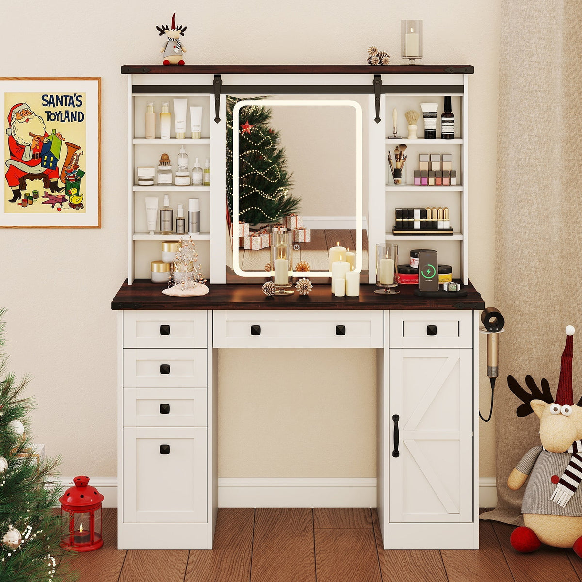 Farmhouse Vanity Desk with Barn-Style Sliding Mirror and 3 Lighting Modes-White