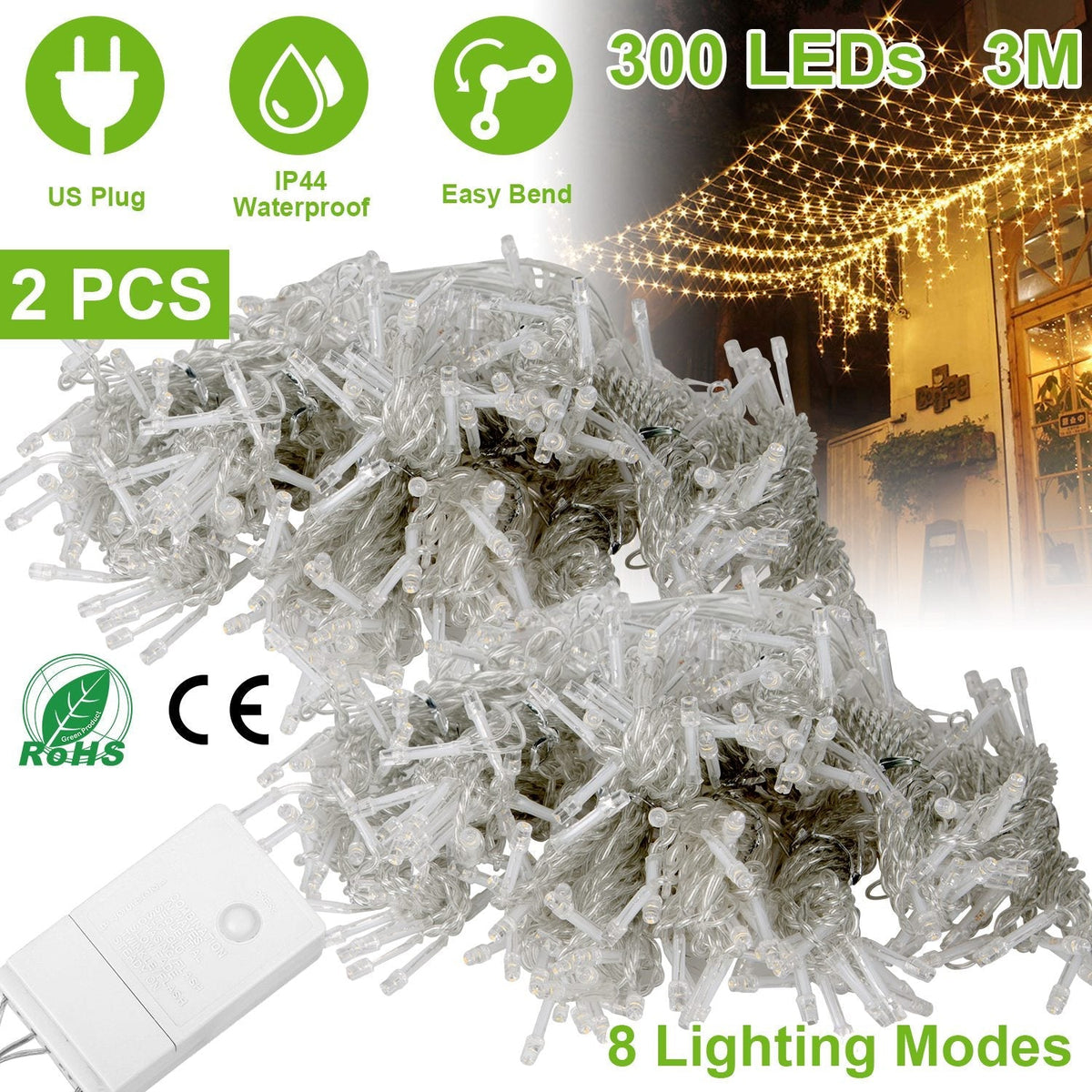 3M 300 LEDs String Curtain Light IP44 String Fairy Lights Party Xmas Decor Lamps W/ Remote