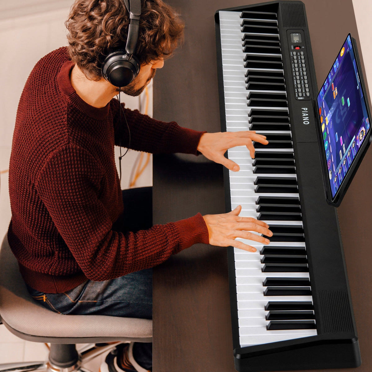 Piano eléctrico plegable de 88 teclas con MIDI inalámbrico y altavoces duales