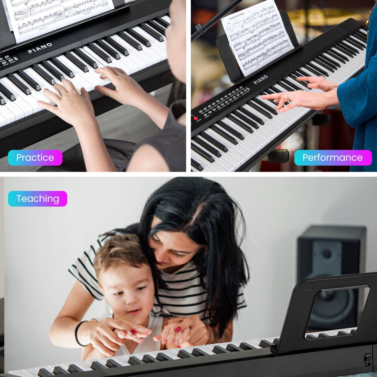Piano eléctrico plegable de 88 teclas con MIDI inalámbrico y altavoces duales