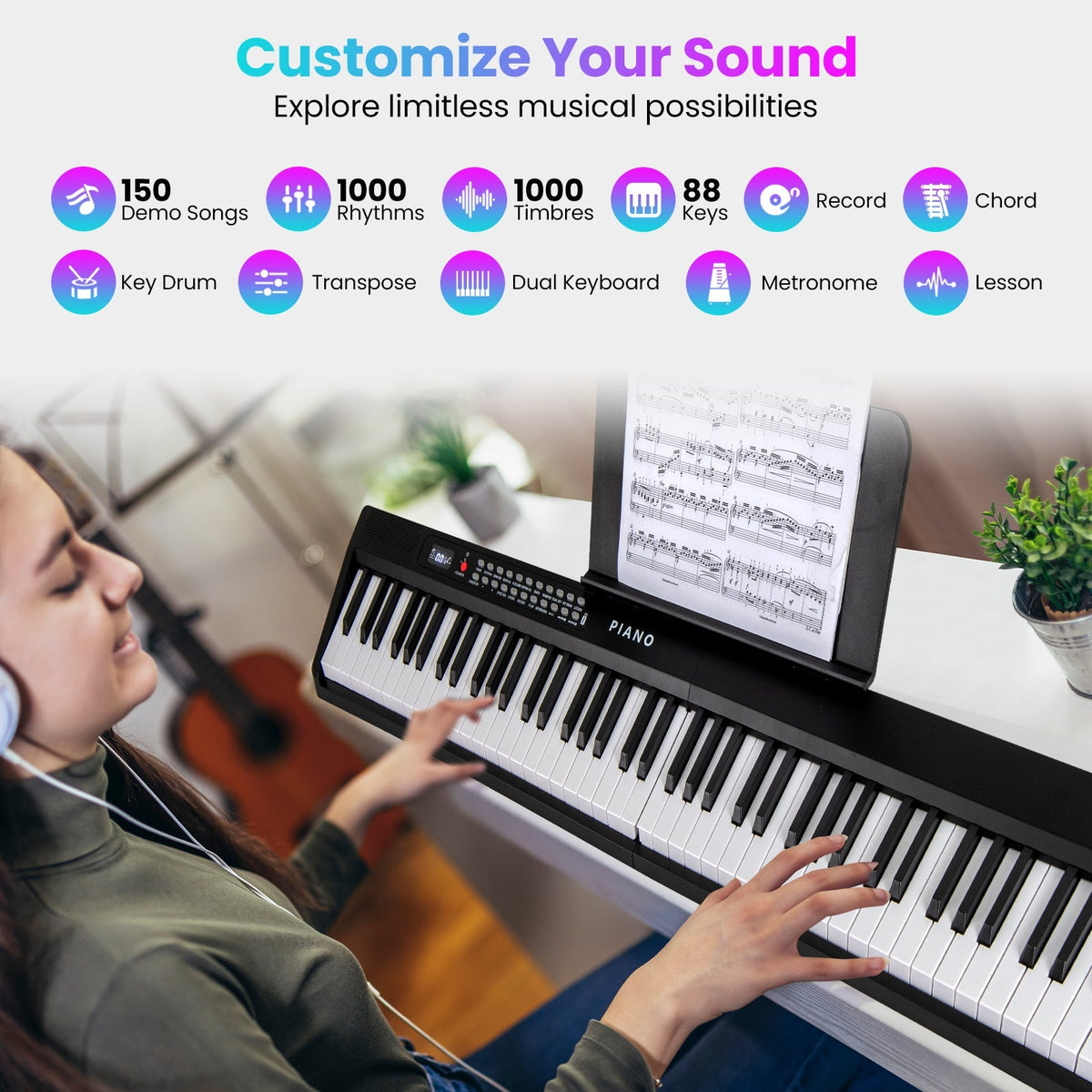 Piano eléctrico plegable de 88 teclas con MIDI inalámbrico y altavoces duales