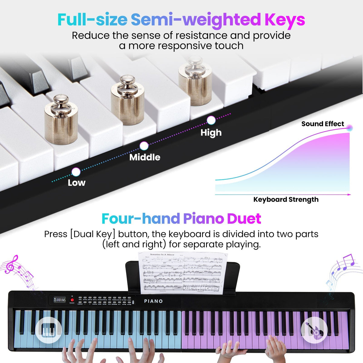 Piano eléctrico plegable de 88 teclas con MIDI inalámbrico y altavoces duales