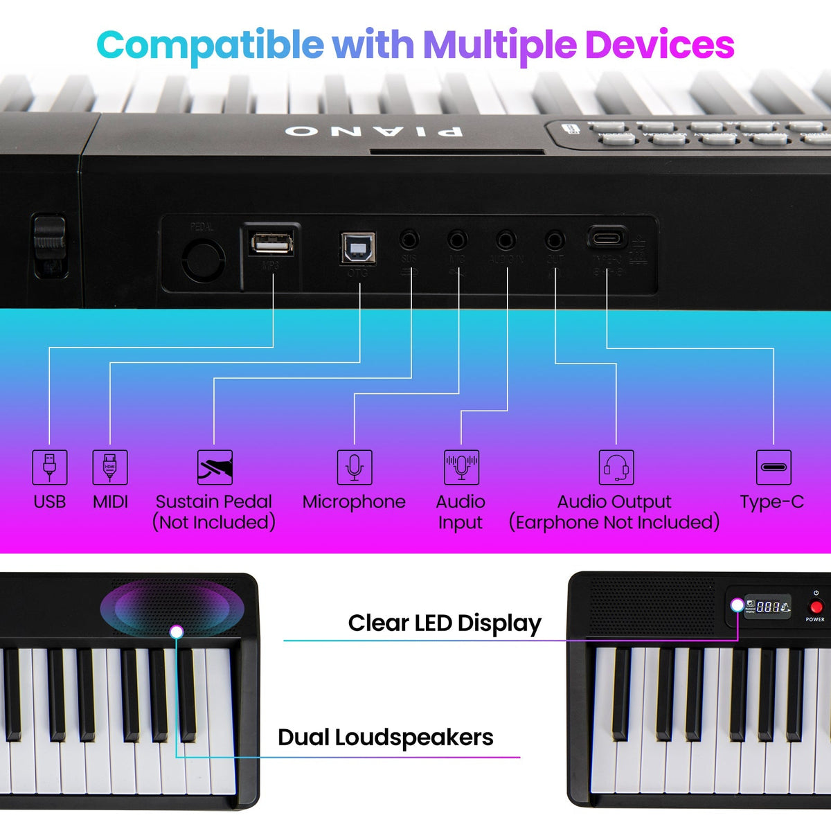 Piano eléctrico plegable de 88 teclas con MIDI inalámbrico y altavoces duales