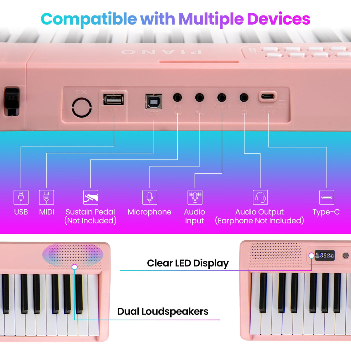 88 Key Foldable Electric Keyboard Piano with Wireless MIDI and Dual Speakers-Pink