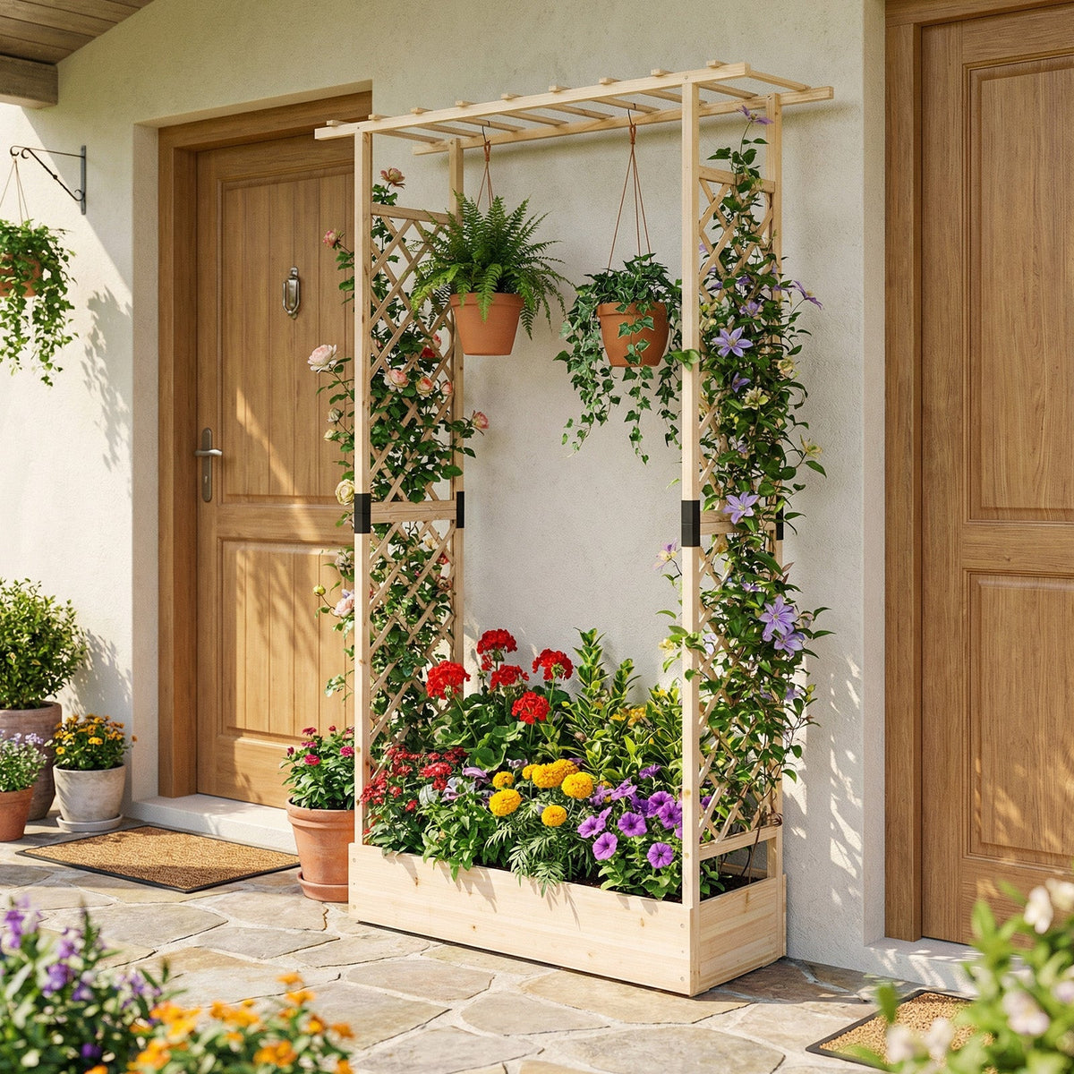 89 Inch Tall Wooden Raised Garden Bed with Side Trellis and Hanging Roof Drainage Holes