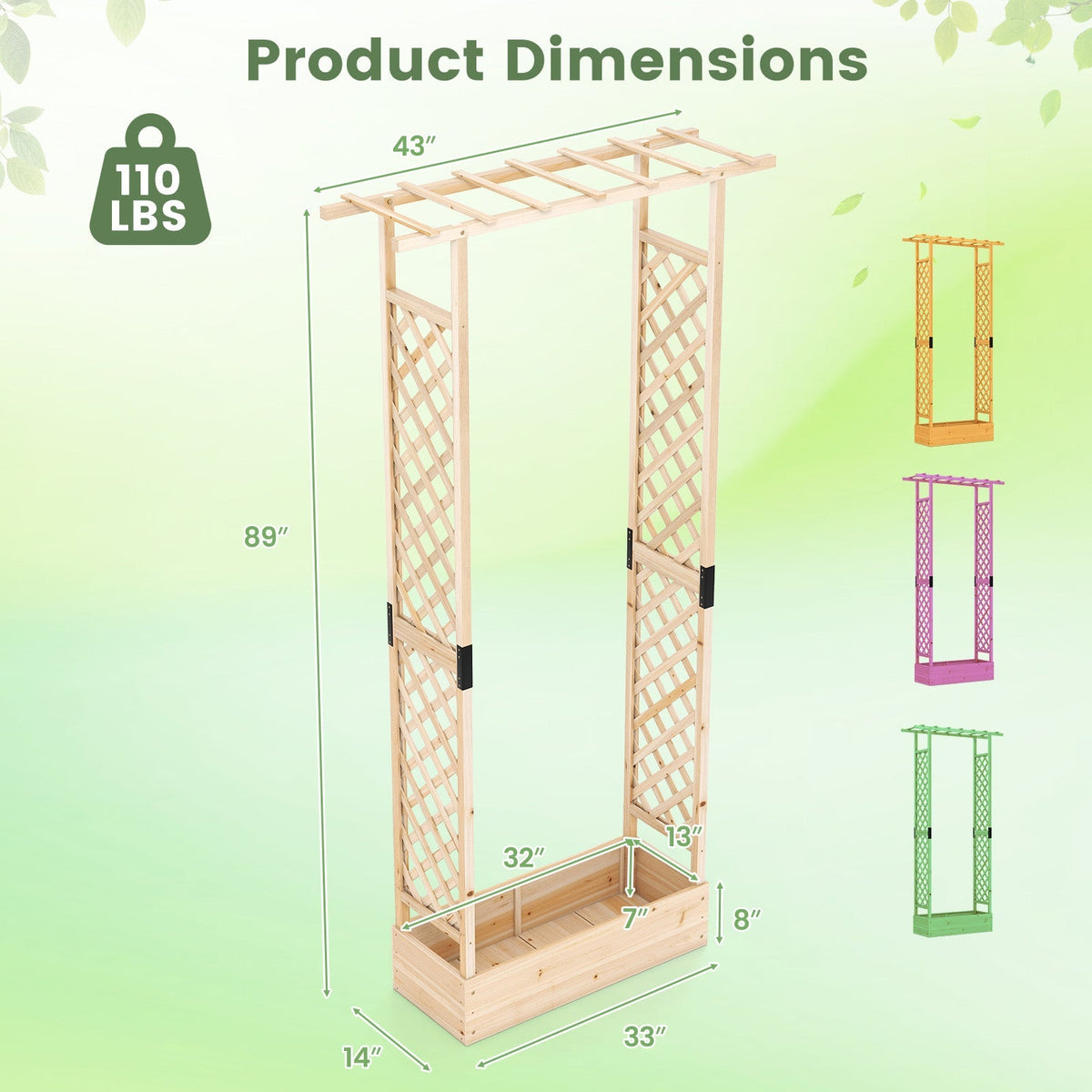 89 Inch Tall Wooden Raised Garden Bed with Side Trellis and Hanging Roof Drainage Holes