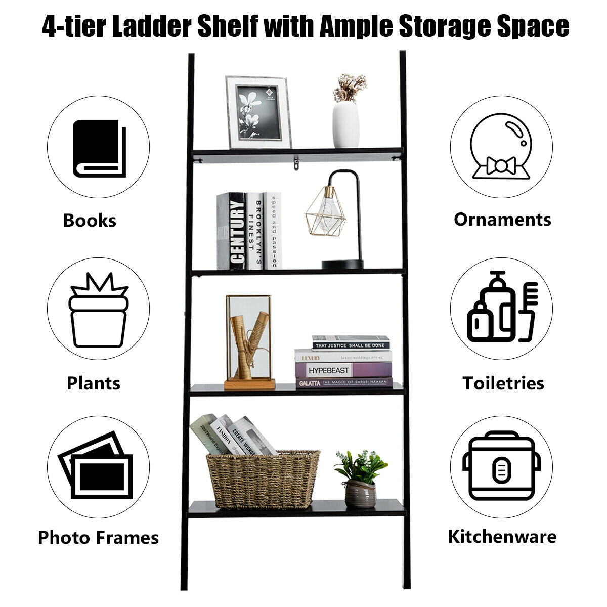 Multipurpose 4-Tier Industrial Leaning Wall Bookcase with Metal Frame