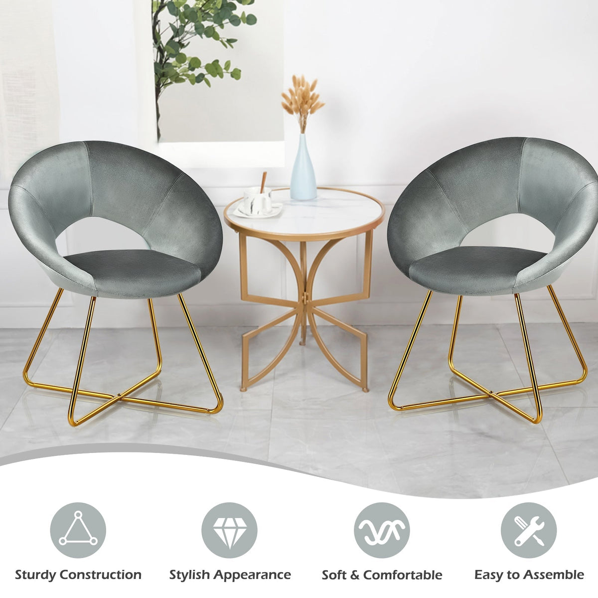 Modern Accent Velvet Dining Arm Chair with Golden Metal Legs and Soft Cushion