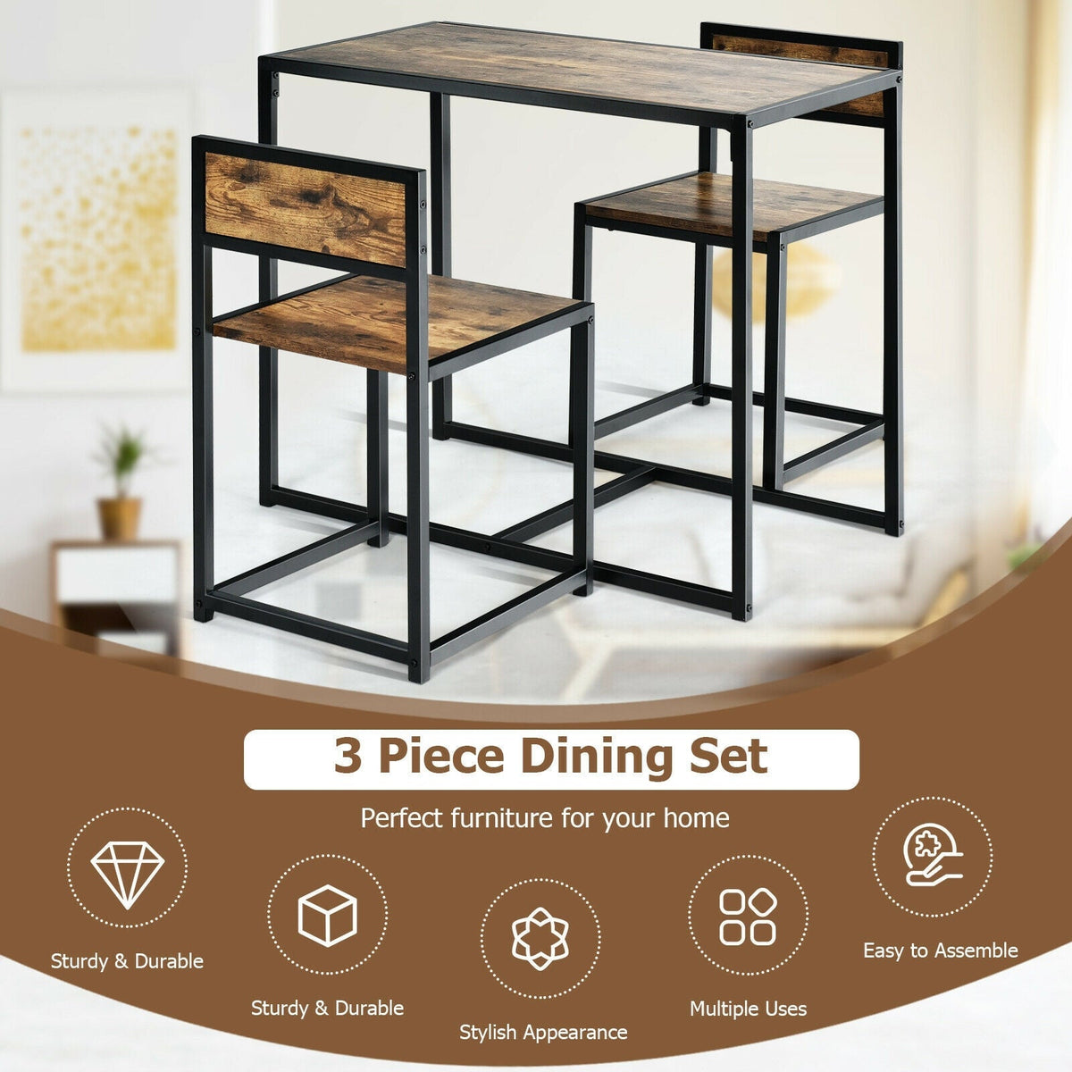 3 Pcs Dining Set Compact Table and 2 Chair with Metal Frame for for Small Space