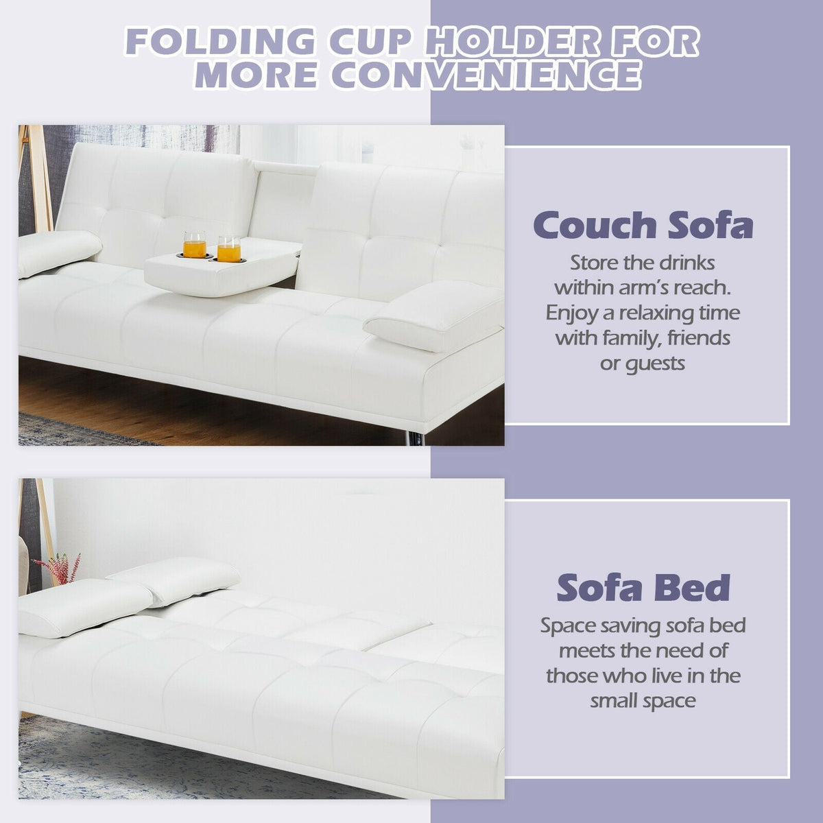 Convertible Folding Leather Futon Sofa with Cup Holders and Armrests