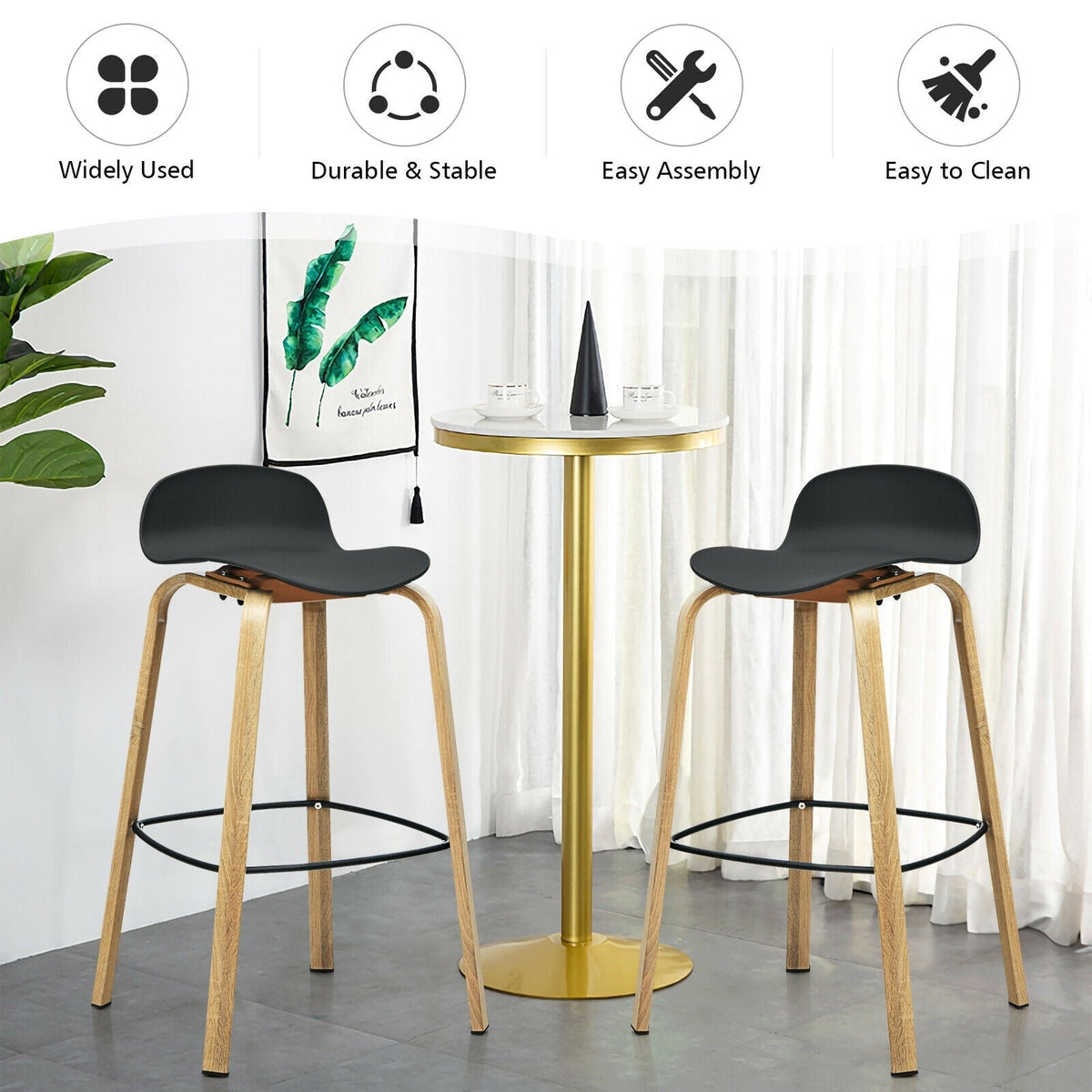 Set of 2 Modern Barstools Pub Chairs with Low Back and Metal Legs