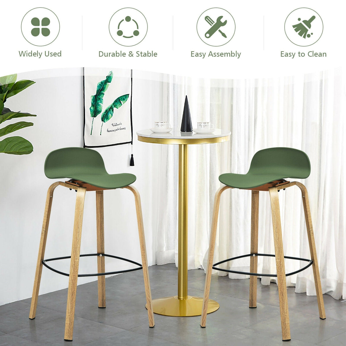Set of 2 Modern Barstools Pub Chairs with Low Back and Metal Legs