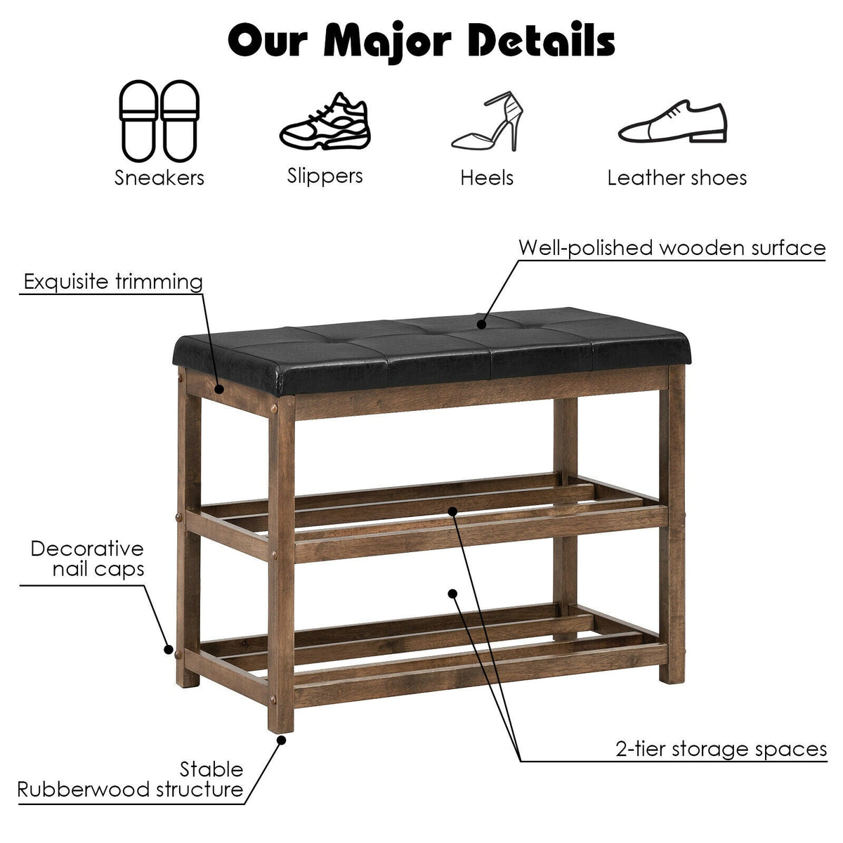 2-Tier Wooden Shoe Rack Bench with Padded Seat