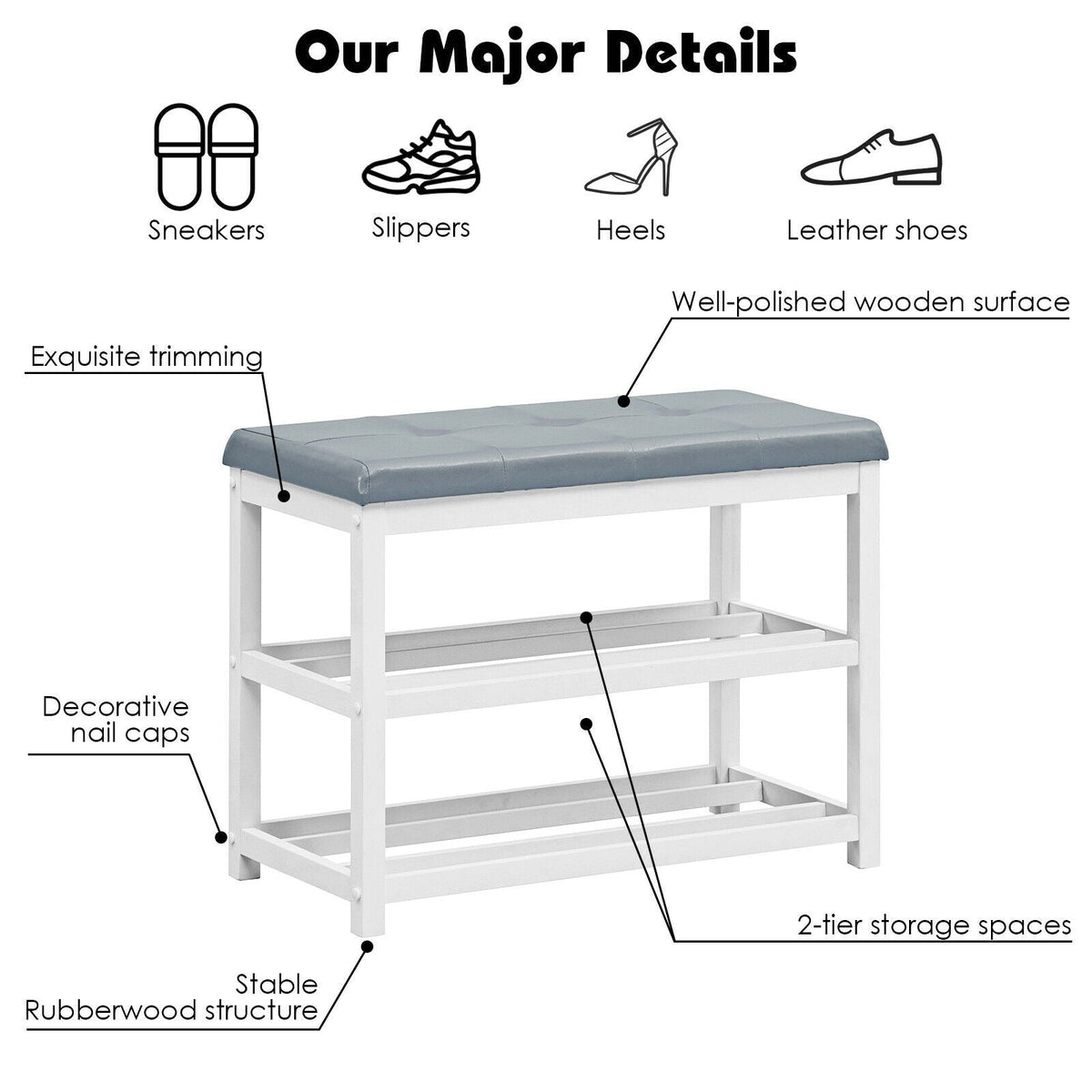 2-Tier Wooden Shoe Rack Bench with Padded Seat