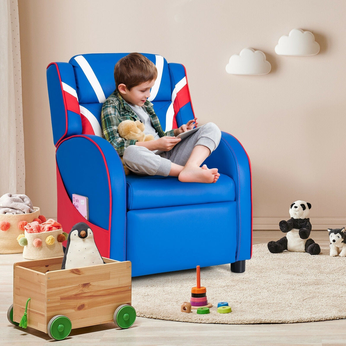 Sillón reclinable infantil de cuero con bolsillos laterales