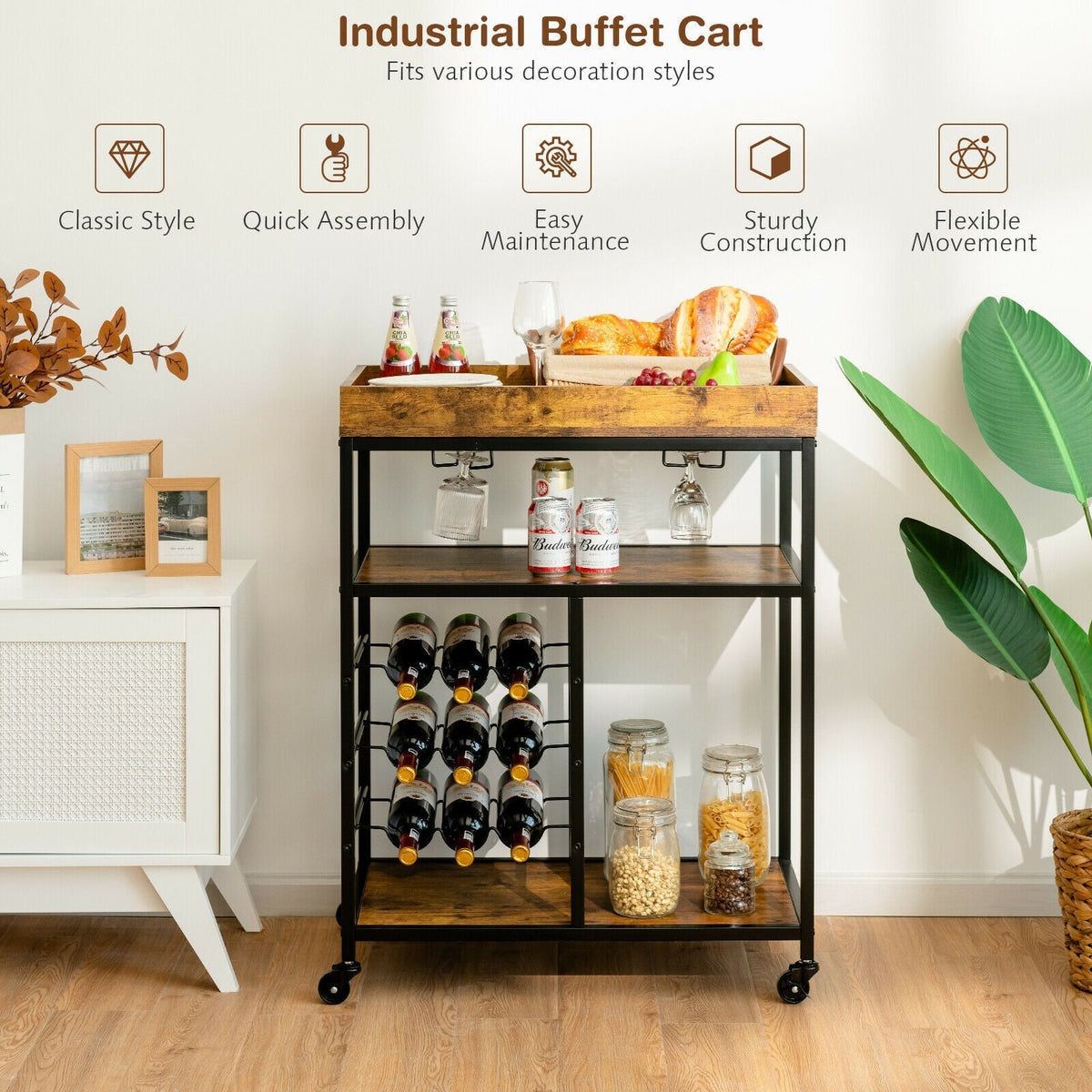 3-Tier Wood Rolling Kitchen Serving Cart with 9 Wine Bottles Rack Metal Frame-Rustic Brown