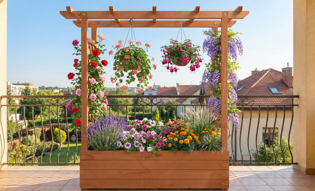 Maceta de madera elevada con celosía alta para plantas trepadoras
