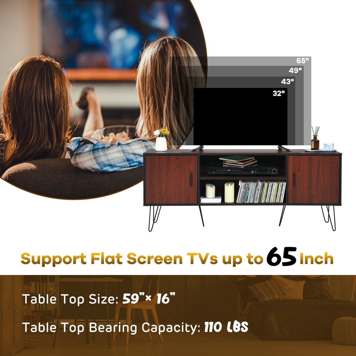Retro Modern TV Stand with 6 Metal Legs for TVs up to 65 Inch with 2 Cable Holes