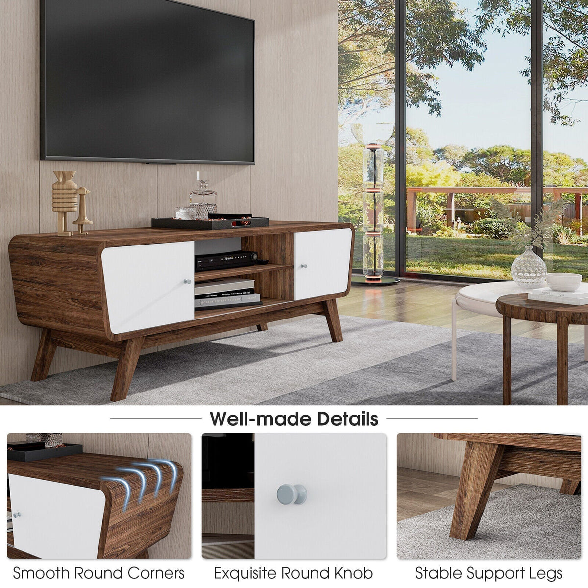 Sliding Door TV Stand with Adjustable Shelf for TVs up to 55 Inch